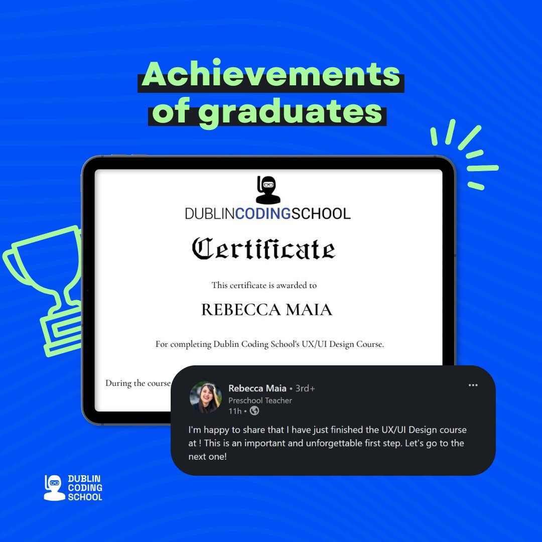DublinCoding's tweet image. Huge shoutout to Rebecca for completing the UX/UI course! We absolutely love when our students share their achievements with us. 🚀 Keep shining and creating amazing designs, Rebecca—this is just the beginning! 🎨✨
#UXUIGraduate #ProudMoment #DublinCodingSchool