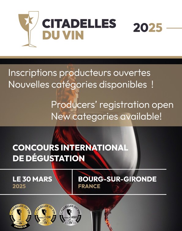 🏆 Concours mondial de dégustation Citadelles du Vin : ouverture des inscriptions producteurs !
👉25ème édition dimanche 30 mars 2025 à Bourg-sur-Gironde (près de Bordeaux), pour vous inscrire :

👉concours-citadelles.com

#winetasting #winelover #citadellesduvin #wine