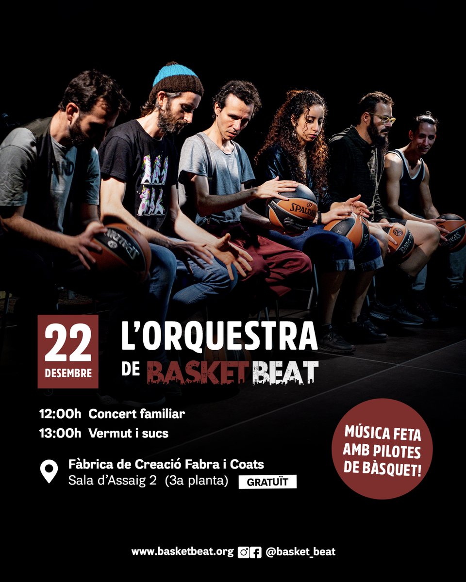 Fabra i Coats: Centre d'Art i Fàbrica de Creació (@fabraicoats_fic) on Twitter photo 🎶L'Orquestra de Basket Beat us espera el 22 de desembre a la Fàbrica de Creació!
🏀Música feta amb pilotes de bàsquet
🍹Vermut i activitats interactives
🎟️Accés lliure prèvia inscripció al web de <a href="/basket_beat/">Basket Beat</a>
Vine en família i dona ritme al teu #Nadal!✨
<a href="/fabcreaciobcn/">Fàbriques de Creació BCN</a> 🎶L'Orquestra de Basket Beat us espera el 22 de desembre a la Fàbrica de Creació!
🏀Música feta amb pilotes de bàsquet
🍹Vermut i activitats interactives
🎟️Accés lliure prèvia inscripció al web de <a href="/basket_beat/">Basket Beat</a>
Vine en família i dona ritme al teu #Nadal!✨
<a href="/fabcreaciobcn/">Fàbriques de Creació BCN</a>