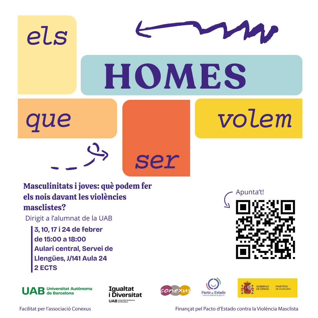 Servei d'Igualtat i Diversitat de la UAB (@igualtat_uab) on Twitter photo Ja estàn les inscripcions obertes pel taller "Masculinitats i joves: Què podem fer els nois davant les violències masclistes?" 
➡️Els alumnes que hi participin podran aconseguir 2 ECTS‼️ 
No esperis més i apunta't ja a bit.ly/3VNZQ1z Ja estàn les inscripcions obertes pel taller "Masculinitats i joves: Què podem fer els nois davant les violències masclistes?" 
➡️Els alumnes que hi participin podran aconseguir 2 ECTS‼️ 
No esperis més i apunta't ja a bit.ly/3VNZQ1z