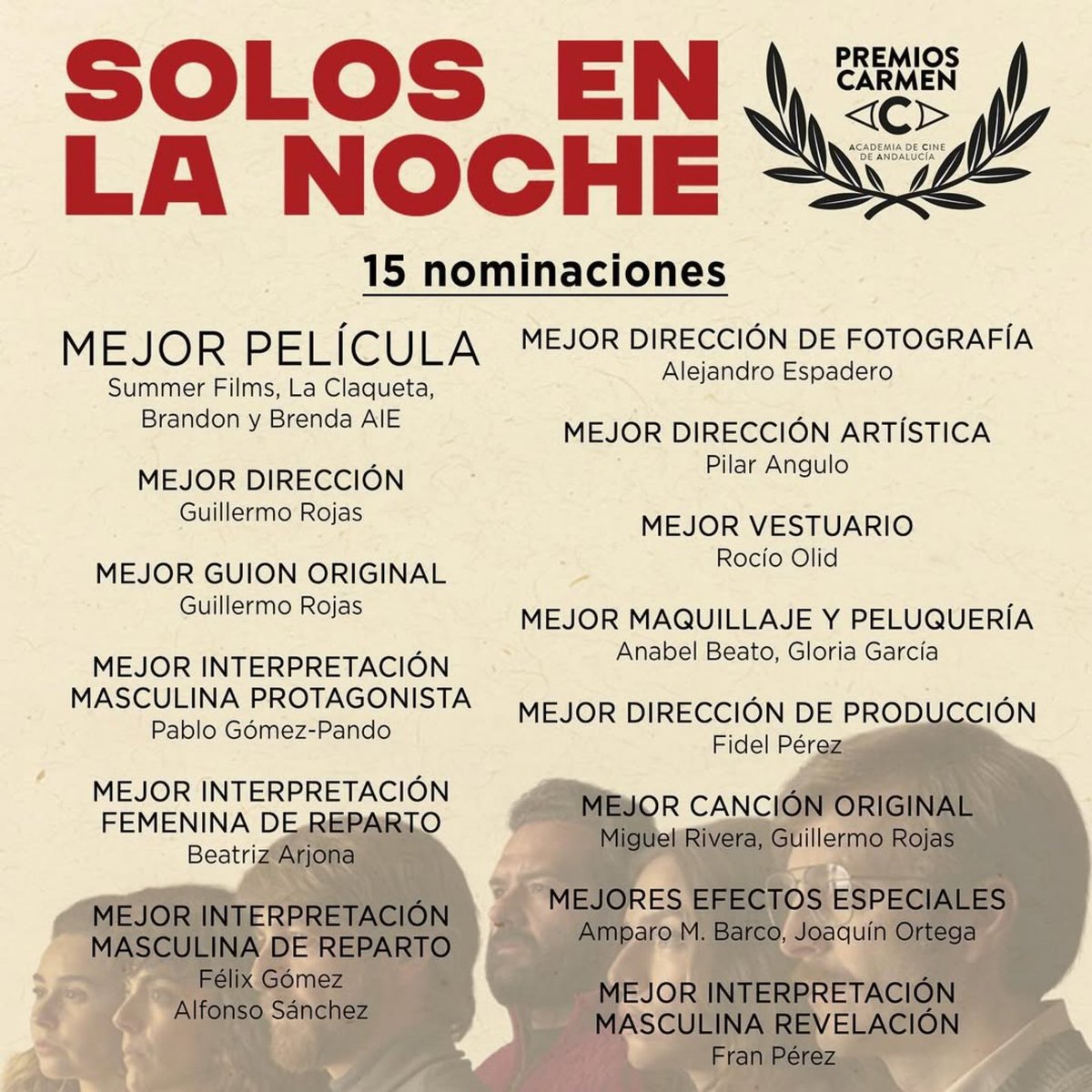 TheCircularGr's tweet image. 🚀¡¡¡𝙎𝙤𝙡𝙤𝙨 𝙚𝙣 𝙡𝙖 𝙣𝙤𝙘𝙝𝙚, de Guillermo Rojas, encabeza las nominaciones de los IV Premios Carmen!!!

💥 El film, que forma parte de nuestro catálogo en #Feelsales, suma 15 nominaciones a los Premios del Andaluz organizados por la @acacineandaluz . 

🤩🥳¡Enhorabuena!