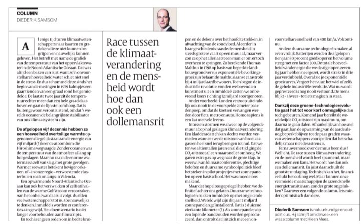 klimaatcommunicatie (@klimaatcom) on Twitter photo De race tussen klimaatverandering en de mensheid wordt heel spannend, Technisch kan het, financieel lukt het ook nog wel. Maar kunnen onze vermoeide maatschappijen de razendsnelle energietransitie aan, zonder grote ongelukken?
<a href="/diederiksamsom/">Diederik Samsom</a> <a href="/volkskrant/">de Volkskrant</a>
volkskrant.nl/columns-opinie… De race tussen klimaatverandering en de mensheid wordt heel spannend, Technisch kan het, financieel lukt het ook nog wel. Maar kunnen onze vermoeide maatschappijen de razendsnelle energietransitie aan, zonder grote ongelukken?
<a href="/diederiksamsom/">Diederik Samsom</a> <a href="/volkskrant/">de Volkskrant</a>
volkskrant.nl/columns-opinie…