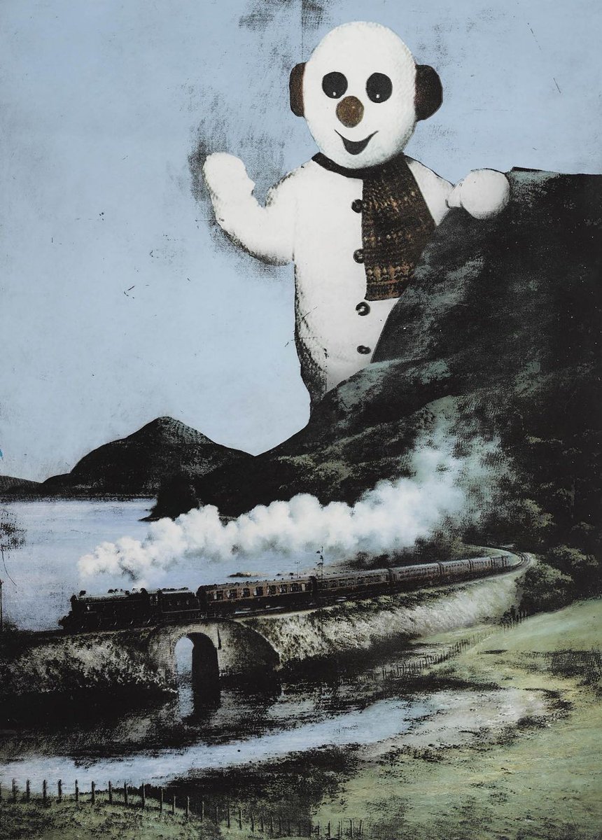 The theme for today’s <a href="/artukdotorg/">Art UK</a> #OnlineArtExchange is Festive! 
We’ve chosen this artwork from our own Collection: 'Giant Snowman and Train' by Justin Larkin☃️