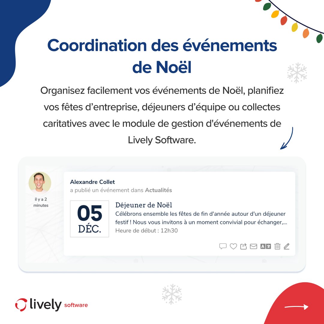 lively_software's tweet photo. Rendez la saison des fêtes plus festive et collaborative avec Lively #intranet ! 🎄🎁 

Organisez vos événements, concours et vœux avec des fonctionnalités simples pour des fêtes réussies et conviviales avec vos équipes. #Noel #travail #communication https://t.co/CJBZy0CrAe