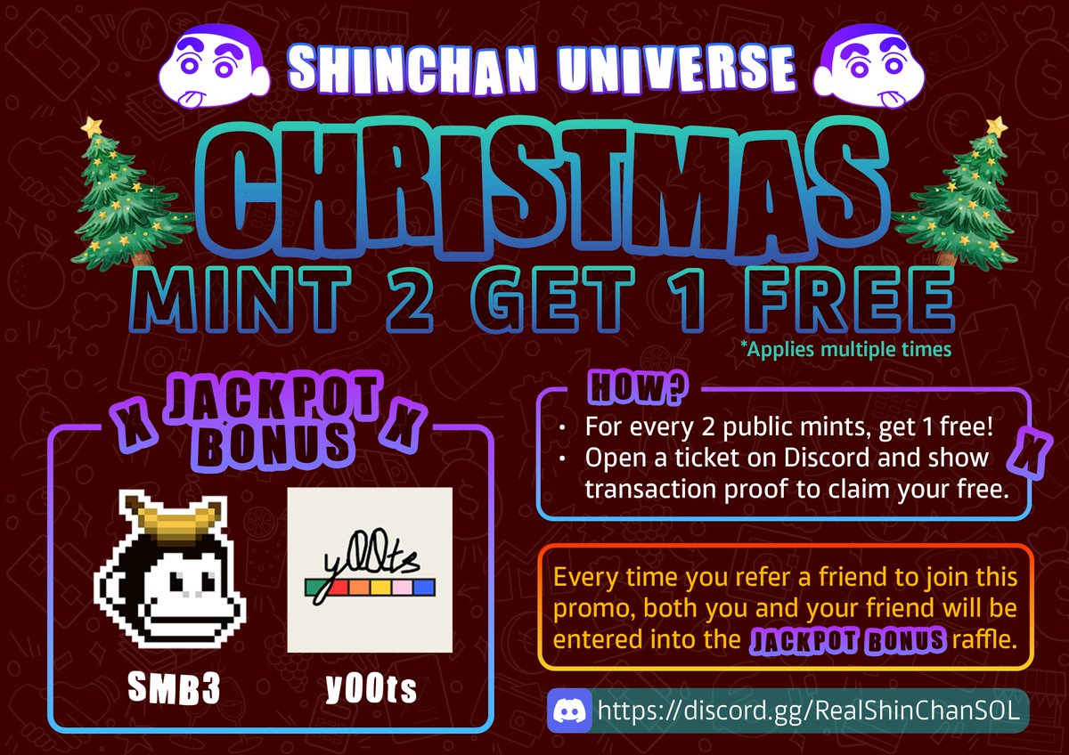🛍️CHRISTMAS PROMO 🎅

🎄For every 2 public mints, get 1 free! 
🎄This offer can be applied multiple times. 
🎄Open a ticket ⁠on Discord and show transaction proof to claim your free mint.

🚨Open a ticket ⁠on Discord and show transaction proof to claim your free mint.