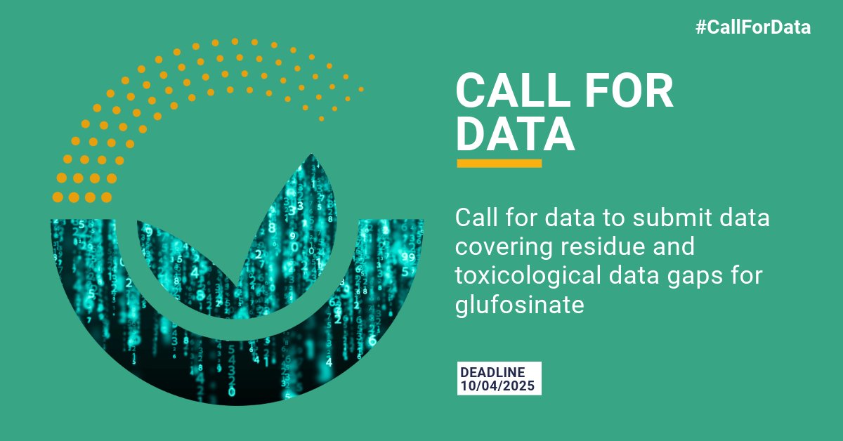 EFSA_EU's tweet image. 📢Call for Data on #Glufosinate

We invite stakeholders to submit data addressing residue and toxicological gaps for glufosinate.

Deadline: 10 April 2025 🗓️

Contribute to ensuring food safety across the EU.

Submit your data here ⤵️

europa.eu/!gPkqMr

#CallForData