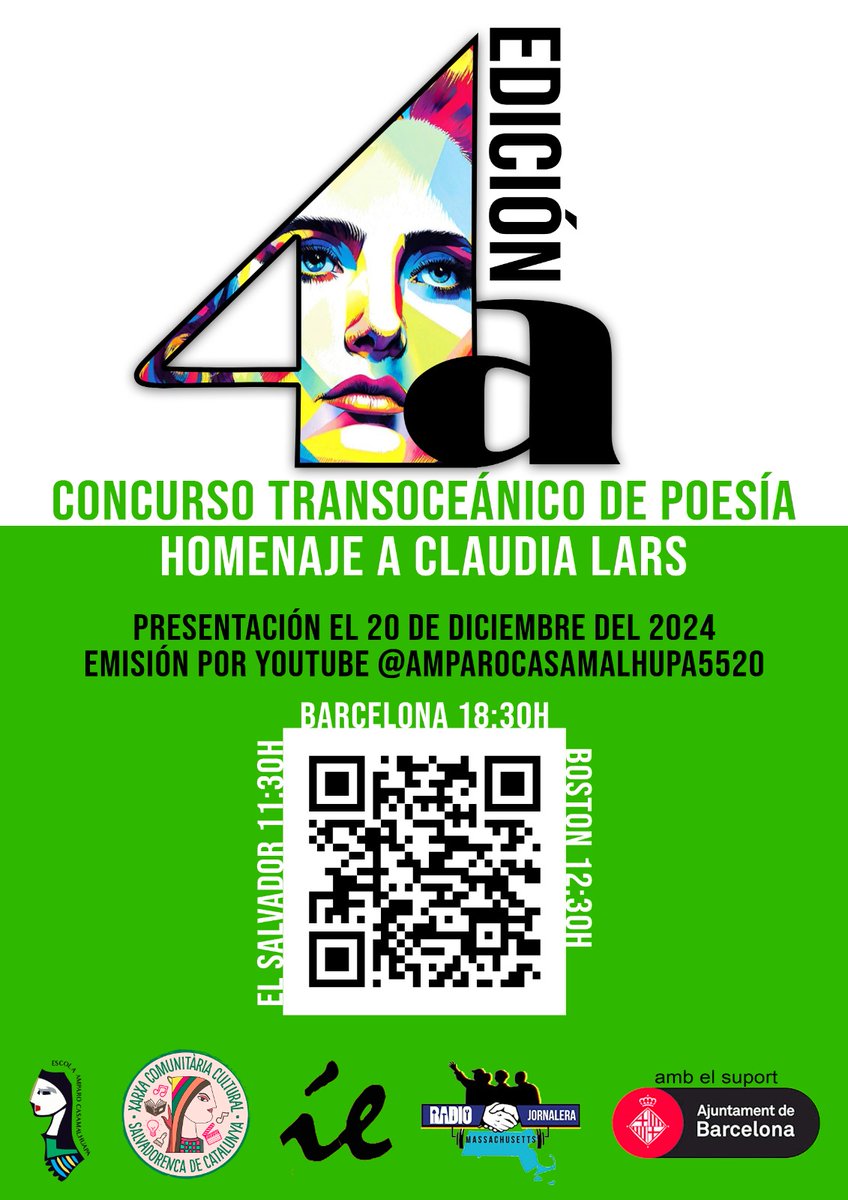 📢📝📝📢
Demà 20 de desembre s'emetrà la Presentació de la 4ª edició del Concurs de Poesia homenatge a Claudia Lars.
Podreu veure-la als següents enllaços:

Català:
youtu.be/uxy6nJ0l6J0
Espanyol:
youtu.be/p6TeS620Nc0

Us animem a tots i totes a difundir-ho i participar! 🥰