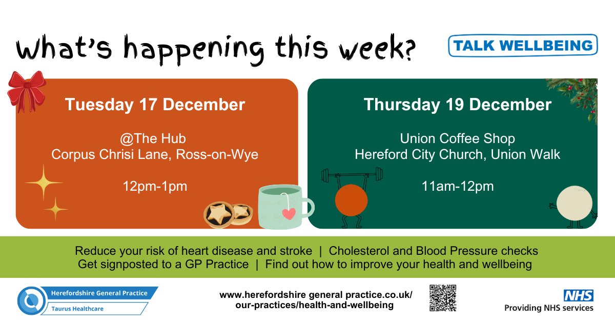 Our Talk Wellbeing team are at the Union Coffee Shop at Hereford City Church, Union Walk, HR1 2EP today (Thurs 19 December)
Why not pop in and meet our friendly team if you are in the area!  
For further details, see: herefordshiregeneralpractice.co.uk/health-and-wel… 
<a href="/HfdsCouncil/">HerefordshireCouncil</a> <a href="/HWHerefordshire/">Healthwatch Herefordshire</a> <a href="/NHS_HW/">NHS Herefordshire & Worcestershire</a>