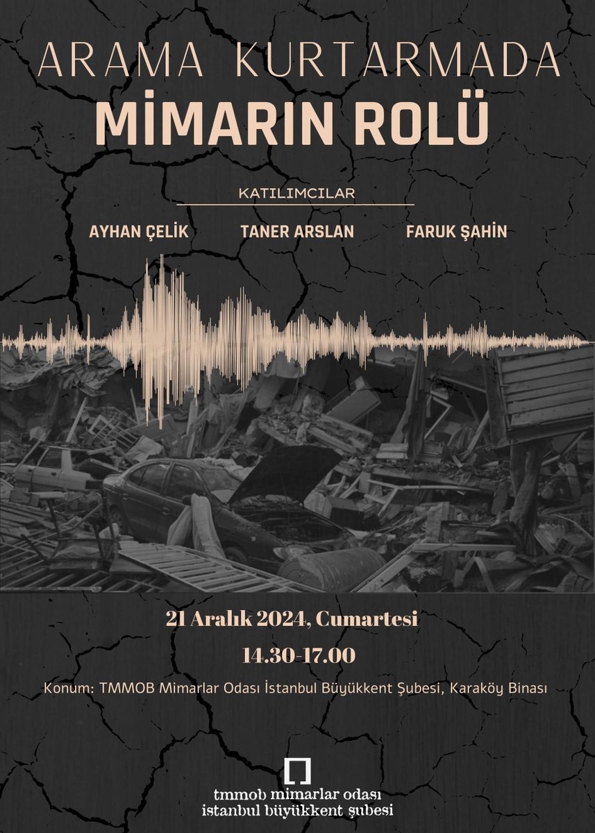 Mimarlar Odası İstanbul Şubesi etkinliği:
Arama Kurtarmada Mimarın Rolü: Olağan ve olağanüstü doğa olaylarının afetlere dönüşmeyeceği, doğanın hakları olduğunun farkında, iyi tasarlanmış mekânlar, yaşam çevreleri ve kentler oluşturmanın asli sorumluluğumuz olduğu bilinciyle…