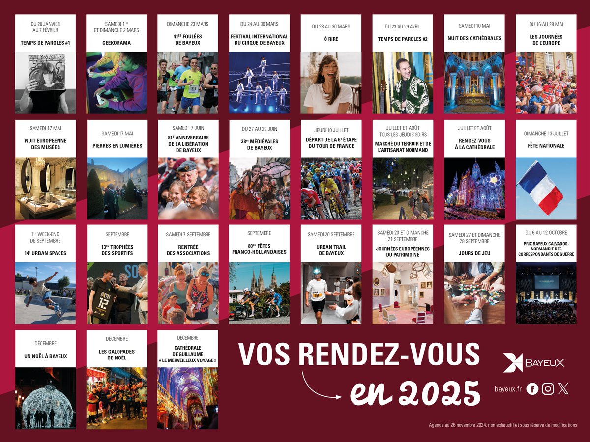 BayeuxOfficiel's tweet photo. Retrouvez vos grands rendez-vous #bayeusains pour 2025 ! À #imprimer et à #afficher sur la porte du réfrigérateur 😉
ℹ Cette liste n'est pas exhaustive, retrouvez l'agenda
complet tout au long de l'année sur https://t.co/54al0AUrvn ! https://t.co/gdAtYi0jha