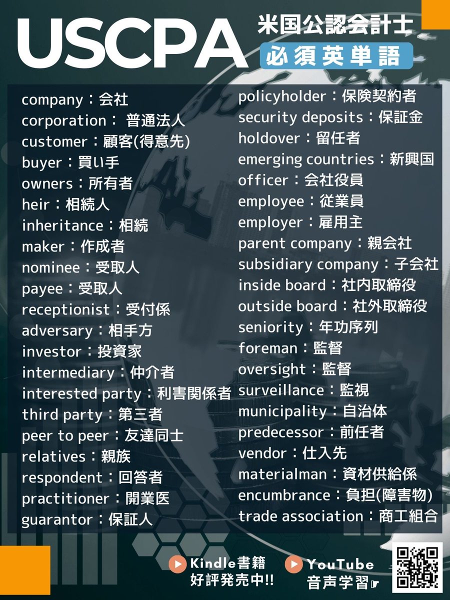 USCPA 米国公認会計士 必須英単語👩‍💻名詞編 1. company：会社 2. corporation： 普通法人 3.  customer：顧客(得意先) 4. buyer：買い手 5. owners：所有者 6. heir：相続人 7. inheritance：相続  8. maker：作成者 9. nominee：受取人 10. payee：受取人 11 ...