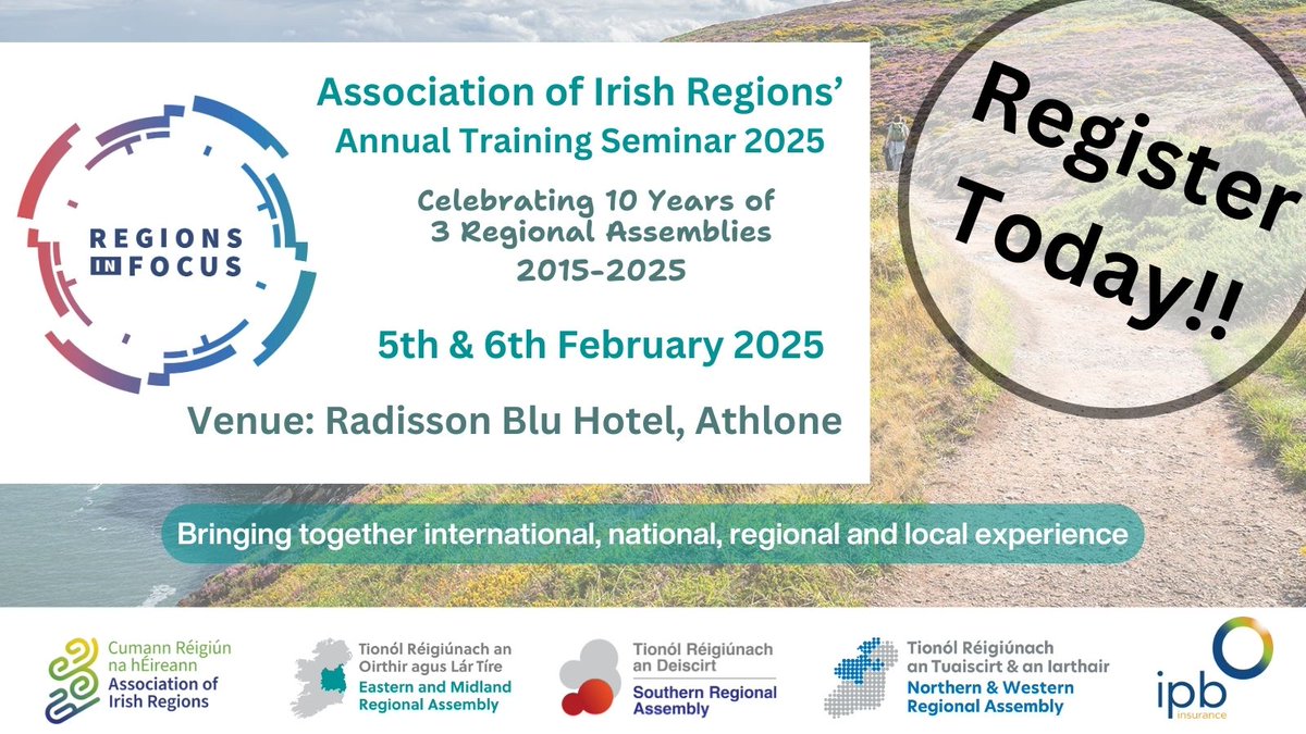 Exciting sessions await at the AIR seminar and training event – 5-6 Feb 2025 in Athlone! Learn about:
📊 evolving governance, 
 🇪🇺 EU and place-based policies, 
🌍and the evolving planning space. 
 Secure your spot now! form.jotform.com/243392815698067