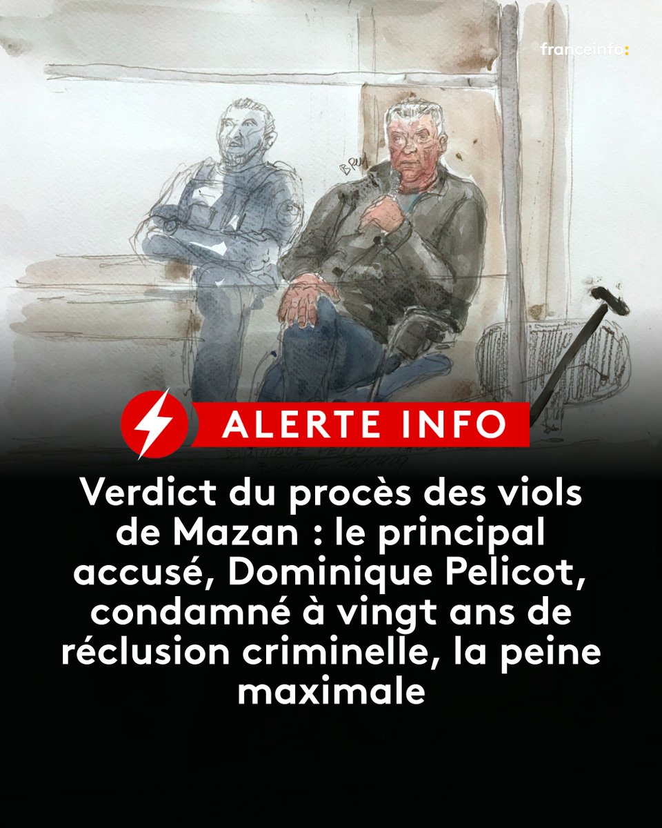 franceinfo's tweet photo. ⚡ ALERTE INFO :

Des peines de quatre à vingt ans de prison avaient été demandées par le ministère public contre Dominique Pelicot et les 50 autres hommes accusés.

➡️ https://t.co/9Sagdpqroq https://t.co/7KjEO1G00h