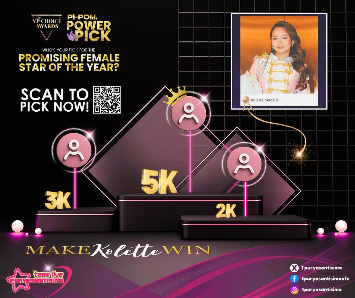 TPuryasantisima's tweet photo. Eveyone? Are you there? 👀

Oh, so you’re here! Gotcha! 🤩 

We have a challenge for all of you—MAKE KOLETTE WIN and help her bring home the trophy as the Promising Female Star of The Year.

Now here’s the juicy part—if Kolette wins, we’ll pick 3 lucky Moonies to win these prizes:

- ₱2,000 
- ₱3,000
- and the big one, ₱5,000

So, what are the mechanics?
Easy! Just make her win, and if she does, stay tuned for our post tomorrow to find out how to claim these prizes! 🎉🫣

Let’s join our mass voting later starting at 7 PM and show everyone the power of Moonlettes! 💪👏

Here’s the link: https://t.co/XEG58miWZd

A round of applause for the Challenger: @MoonletteinOZ, Ms. Rina from Australia. 🇦🇺 💖

Let’s make this happen!

#TeamPuryasantisima #KoletteMadelo
