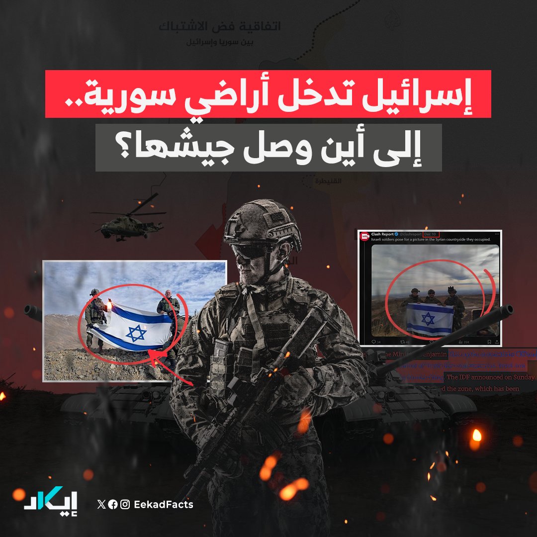 EekadFacts's tweet photo. #جيوبوست | آليات إسرائيلة تستبيح أراضي سورية، تخالف اتفاقيات وقف إطلاق النار، ��يرفع جنودهم أعلام الاحتلال حيث يصلون.

🔻في هذا التحليل الجغرافي، تسلط إيكاد الضوء على التمدد الإسرائيلي في سوريا منذ لحظة سقوط بشار الأٍسد.

❓فأين وصل الاحتلال الإسرائيلي؟ وما أبرز المناطق التي توغل فيها؟