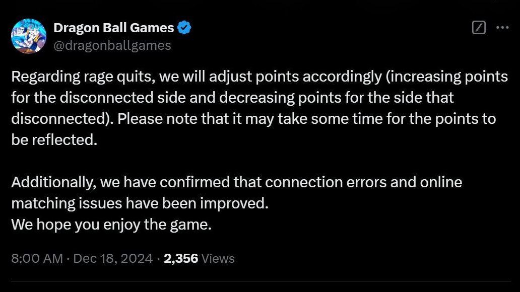 DBSparkingZER0's tweet image. MASSIVE WIN for Dragon Ball: Sparking! ZERO鈥硷笍
Connection issues and rage quits being resolved.