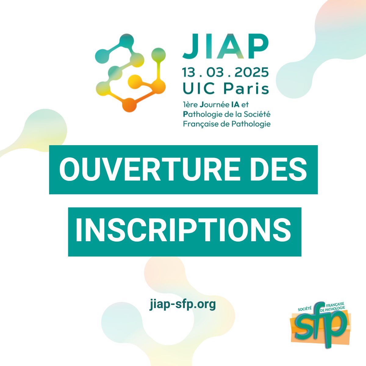 JIAP 2025 : Inscrivez-vous !
 
La Première Journée IA et Pathologie aura lieu le 13 mars 2025 à l’UICP Espaces congrès au pied de la Tour Eiffel !