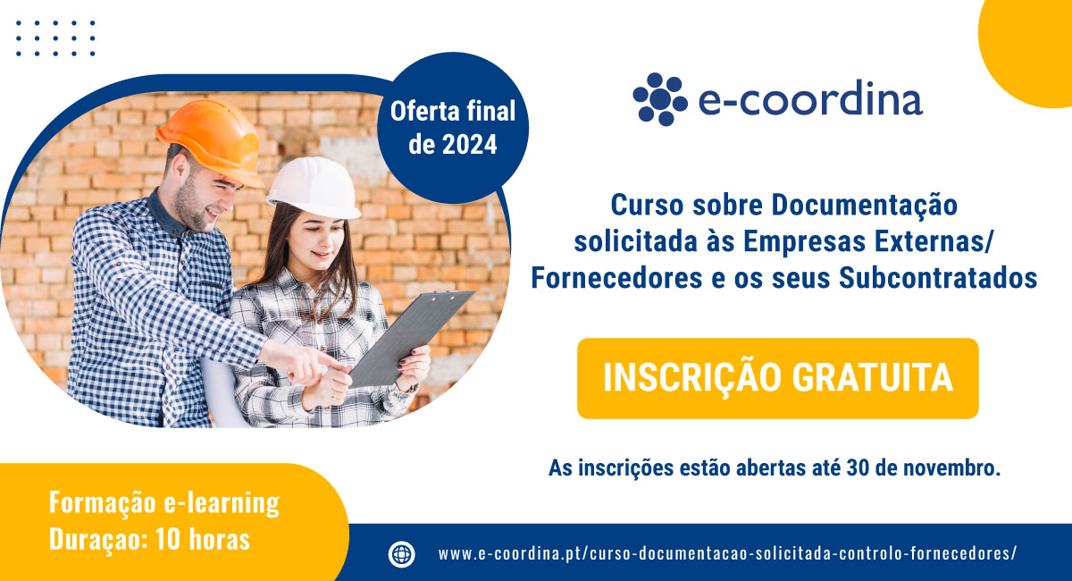 SEM CUSTO. Curso sobre Documentação solicitada às Empresas Externas/Fornecedores e os seus Subcontratados
Duraçao: 10 horas
Formação e-learning

zurl.co/5i9b