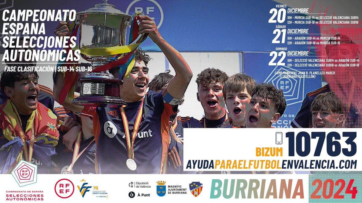 SELECCIÓ |

📒 Guía para seguir la Fase de clasificación del Campeonato de España de fútbol masculino sub-14 y sub-16 en Burriana

(incluye enlaces streaming 🖥️)

📎 ffcv.es/wp/blog/2024/1…

🆚 <a href="/ffrm_es/">FFRM</a> <a href="/futbolaragon/">Real Federación Aragonesa Fútbol</a> 
🏟 Joan B. Planelles

#SomValenciana🔹🔸❤️ #Burriana2024