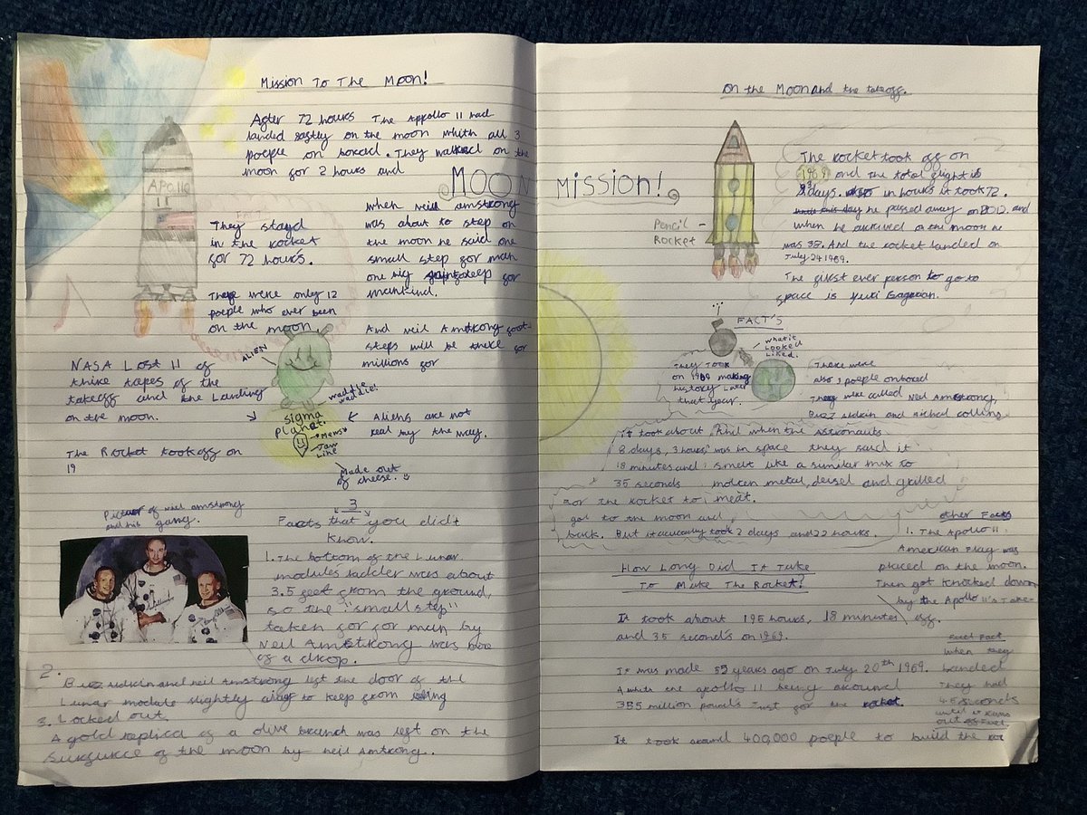 ChantryAcademy's tweet photo. Year 5 have been working hard on creating factual, double-page spreads all about The Moon Landing in 1969. They have used a mixture of their knowledge, research and information gathered from their recent trip. We think they are excellent! #Perseverance #Independence https://t.co/5VCFvjBBv1