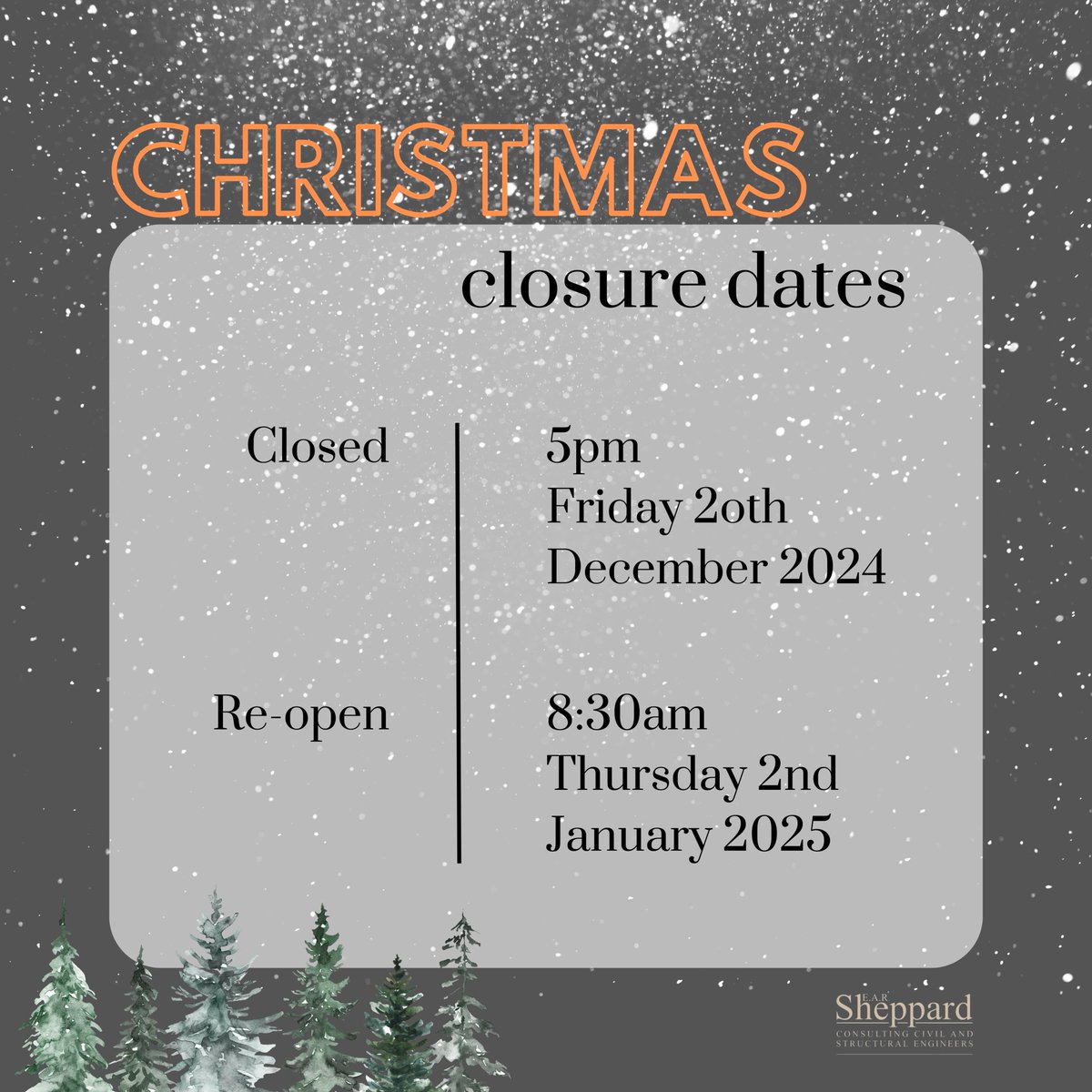 EAR_Sheppard's tweet photo. We wanted to let you know that our office will be closed for the holidays from 20th December 2024 to 2nd January 2025. If you have any urgent inquiries, please reach out to us before our closure at enquiries@earsheppard.co.uk or visit our website at https://t.co/QSZ4QrBXYX. https://t.co/lWhRVqvI5P