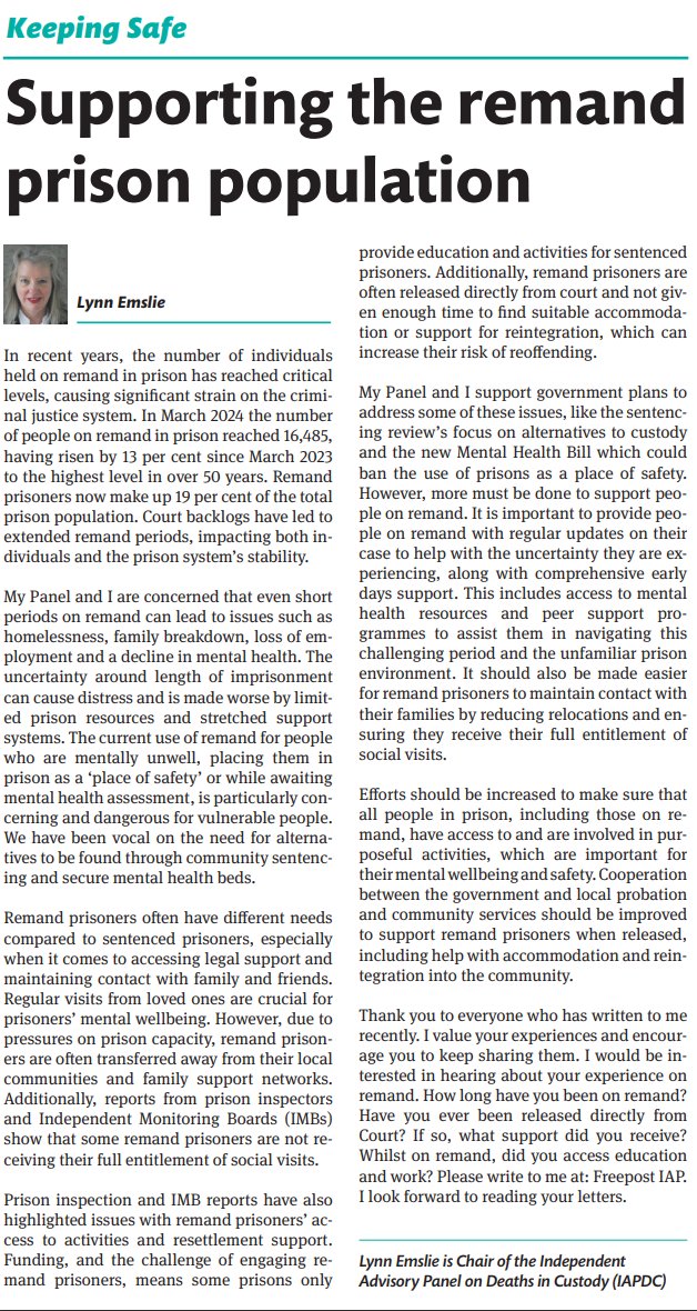 IAPDiC's tweet image. People on remand are at significantly increased risk of suicide.
In her column for @InsideTimeUK, our Chair @EmslieLynn sets out the importance of access to purposeful activities, family contact & mental health support to help keep remand prisoners safe.
insidetime.org/information/su…