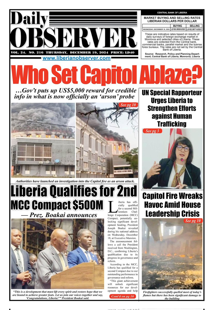 Liberianobserver.com (@libobserver) on Twitter photo #Liberia #Headlines December 19, 2024. π±π· <a href="/smullallylaw/">SiobhΓ‘n Mullally (UN SR Trafficking in Persons)</a> <a href="/MCCgov/">Millennium Challenge Corporation</a> #Arson #Democracyunderattack #Liberia #Headlines December 19, 2024. π±π· <a href="/smullallylaw/">SiobhΓ‘n Mullally (UN SR Trafficking in Persons)</a> <a href="/MCCgov/">Millennium Challenge Corporation</a> #Arson #Democracyunderattack