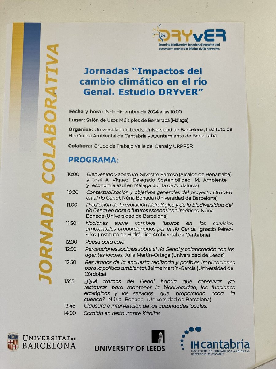 Drying River Networks and Climate Change (@dryver_h2020) on Twitter photo This week, the #DRYvER team finished the final #workshop in the Genal Valley. Thank you to all #stakeholders and participants for lively and meaningful discussions on how to mitigate the effects of #ClimateChange in #IntermittentRivers in Southern Spain. 🌟💦🐛🌱
<a href="/ProfJuliaMO1/">Prof.Julia Martin-Ortega</a> This week, the #DRYvER team finished the final #workshop in the Genal Valley. Thank you to all #stakeholders and participants for lively and meaningful discussions on how to mitigate the effects of #ClimateChange in #IntermittentRivers in Southern Spain. 🌟💦🐛🌱
<a href="/ProfJuliaMO1/">Prof.Julia Martin-Ortega</a>