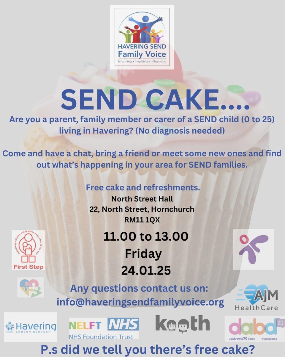 plcHallMead's tweet photo. Please see flyer for  'Havering SEND Family Voice Cake Stand'. It is an event where multiple professionals amongst Havering attend with their own 'stand' for parents/carers to come along, have some (free!) cake, and chat to anyone they feel they'd like to gain advice from. https://t.co/h5mPigMKVt
