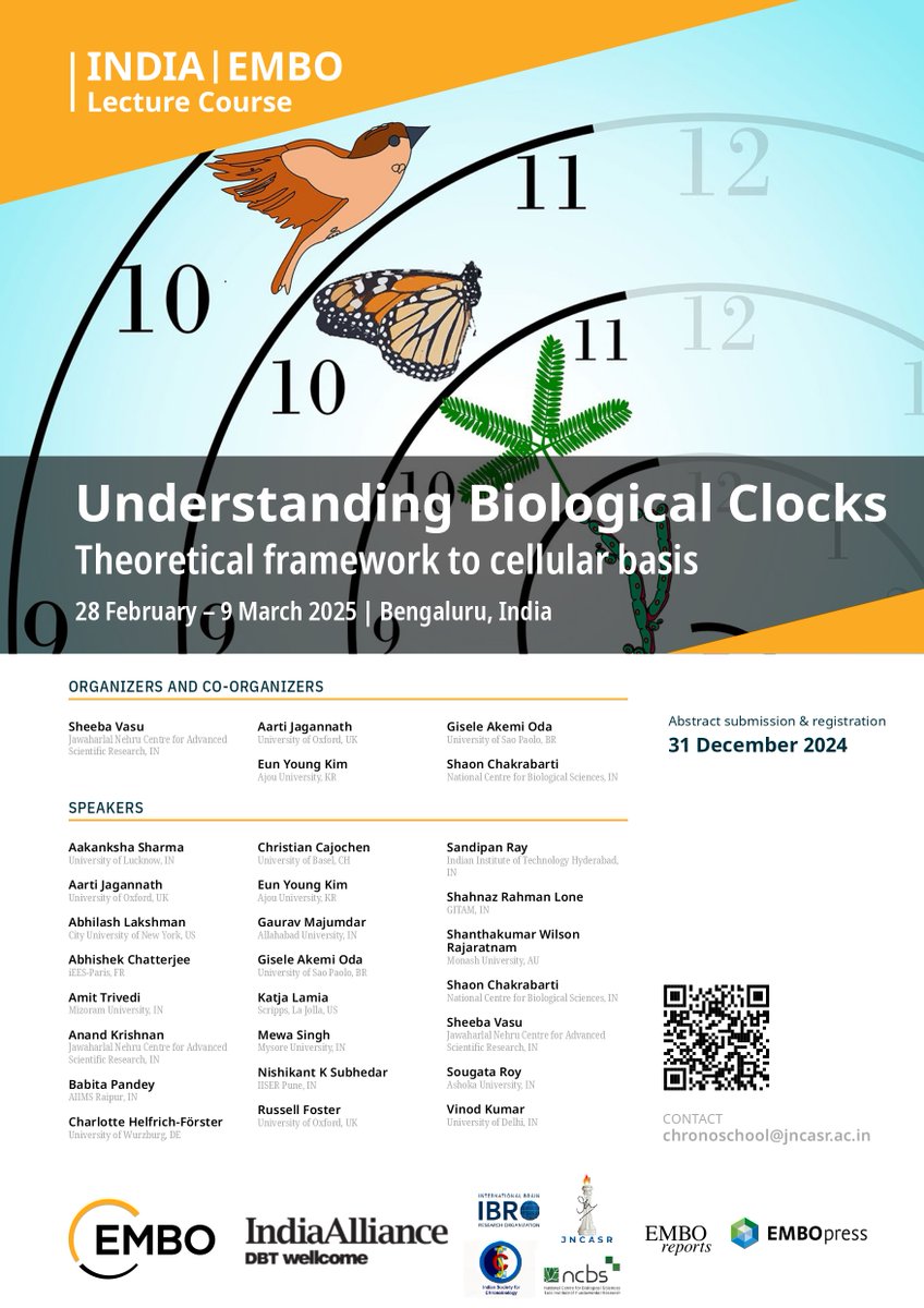 #WorkshopAlert
The EMBO Lecture Course: Understanding Biological Clocks – Theoretical Framework to Cellular Basis
🗓️ 28 February - 9 March 2025
📍 Bengaluru, India
🔗 Register here: meetings.embo.org/event/25-bio-c…
⏰ Deadline: 31 December 2024
#EMBObioClocks