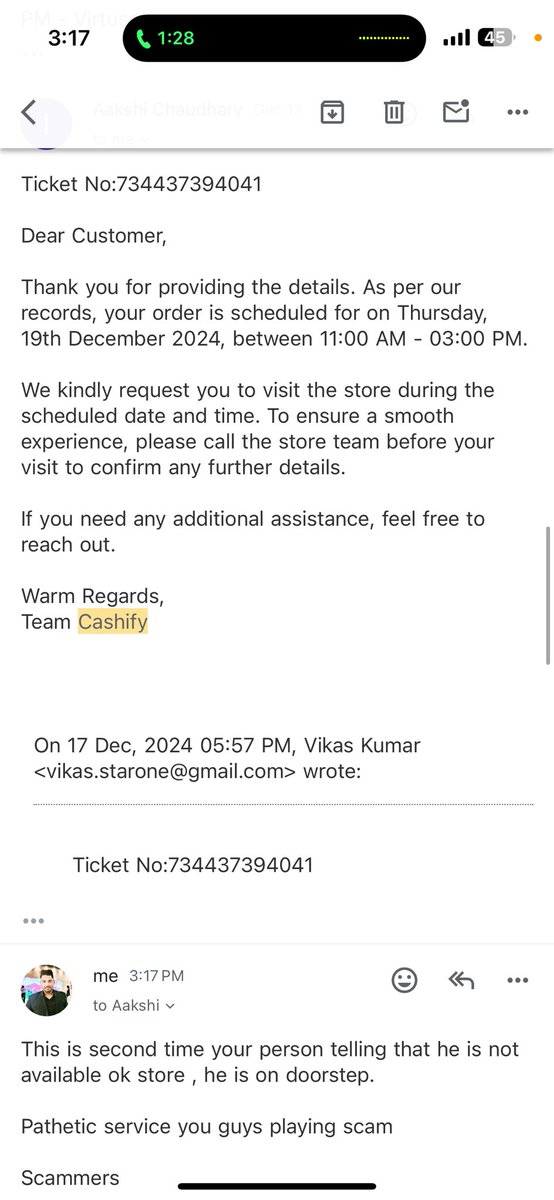 vikasjgd's tweet image. This is second time your person are running away for scam service. Either repair it or else we have to run hash tag as #cashifyscam #scammers. 5 days gone nothing has happened and neeraj your engineer reply as such that he least care after pathetic service