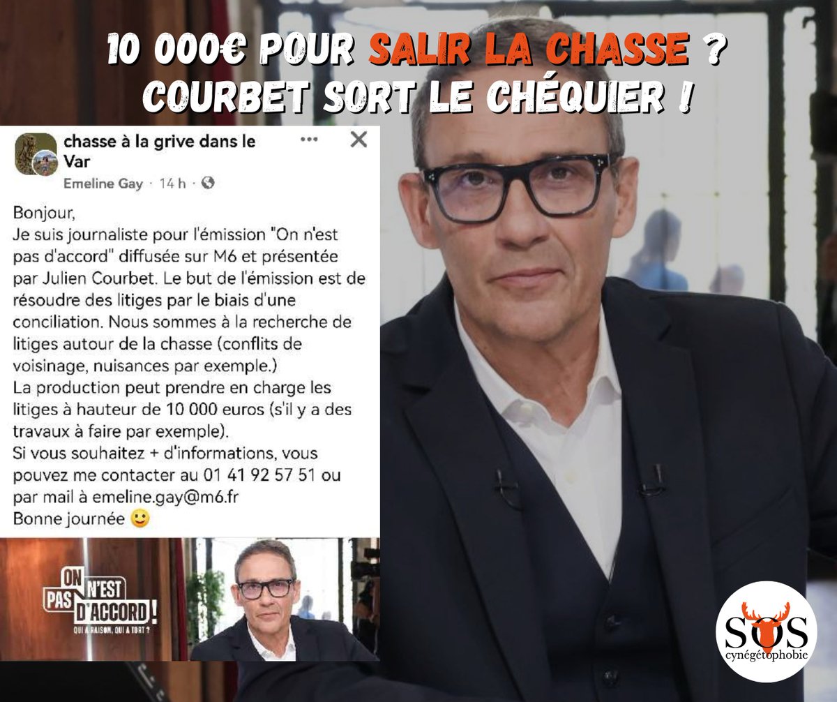 defendonschasse's tweet photo. Quand un anti-chasse notoire propose 10 000€ pour inventer des soucis liés à la chasse… Même nous on hésite à tirer dans la véranda pour en avoir une toute neuve aux frais de Julien Courbet… Ou alors, on lui fait réparer tous les miradors détruits par ses amis anti chasse ! https://t.co/QWvhv8DMPf