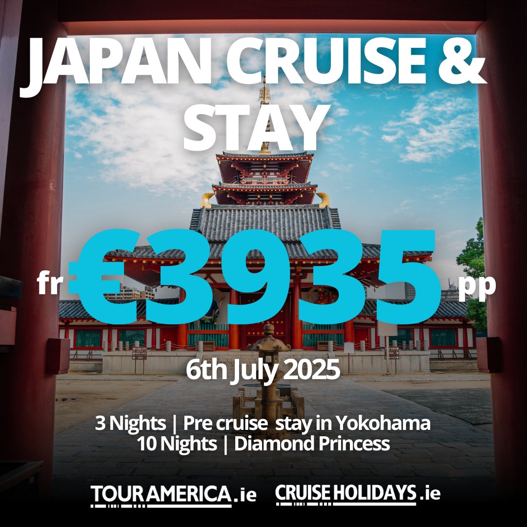 📅 Departs: 6th July 2025
✈️Return flights with bags
🏨3 nights pre cruise staying in a 4 star hotel in Yokohama
🛳️10 nights all inclusive on board Diamond Princess
👫2 Adults sharing an inside cabin- from €3935 pp
Includes: Meals, Drinks, WIFI &amp; Gratuities 

🔑Ref: 724048