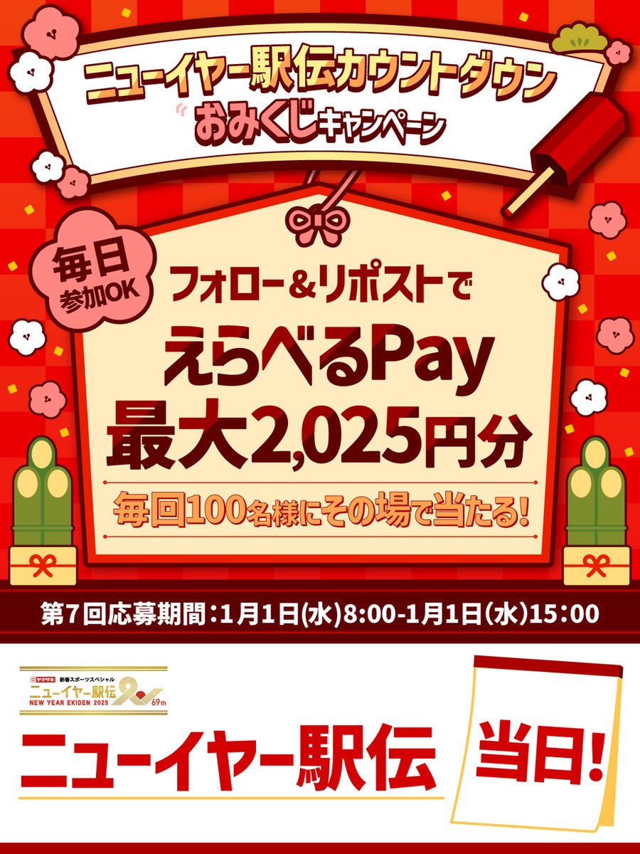 yamazakipan_cp's tweet photo. ／
ニューイヤー駅伝カウントダウン
#おみくじキャンペーン #7回目🕐
＼

本日ニューイヤー駅伝開催🌅
#ヤマザキと一緒に応援 しよう🏃

✅応募方法
①@yamazakipan_cpをフォロー
②この投稿を本日15:00までにリポスト
③結果確認⬇
https://t.co/fMGrTIvWDk

#ニューイヤー駅伝当日
#ヤマザキパン https://t.co/6PuoGcZGdH