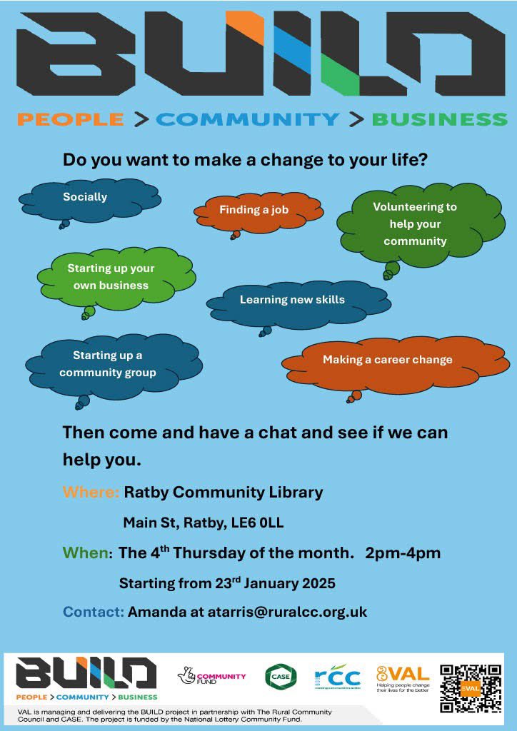 YourRCC's tweet image. BUILD monthly drop ins are coming to Nailstone, Ratby & Markfield in January. Come along and chat to the team about connecting with your community by volunteering, getting back in to work or creating a new business #BUILD #VAL #Nailstone #Ratby #Markfield