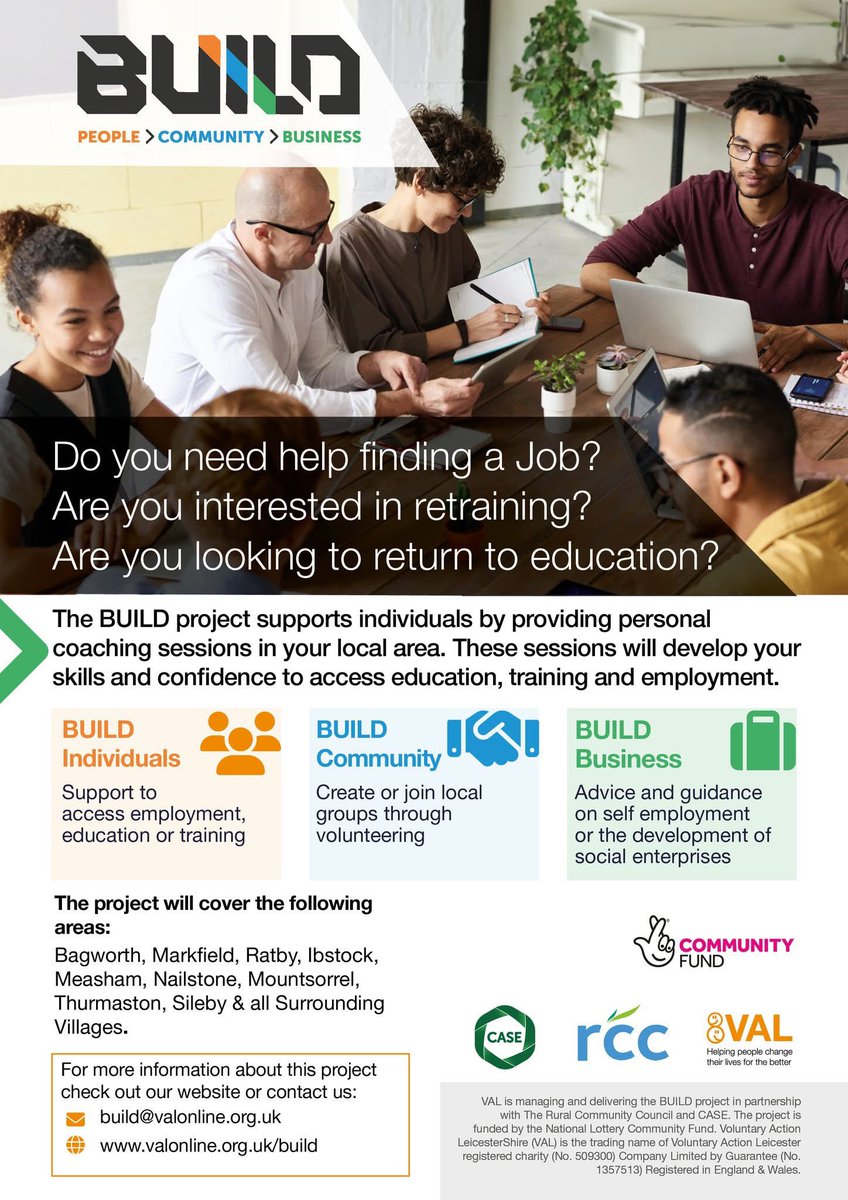 YourRCC's tweet image. BUILD monthly drop ins are coming to Nailstone, Ratby & Markfield in January. Come along and chat to the team about connecting with your community by volunteering, getting back in to work or creating a new business #BUILD #VAL #Nailstone #Ratby #Markfield