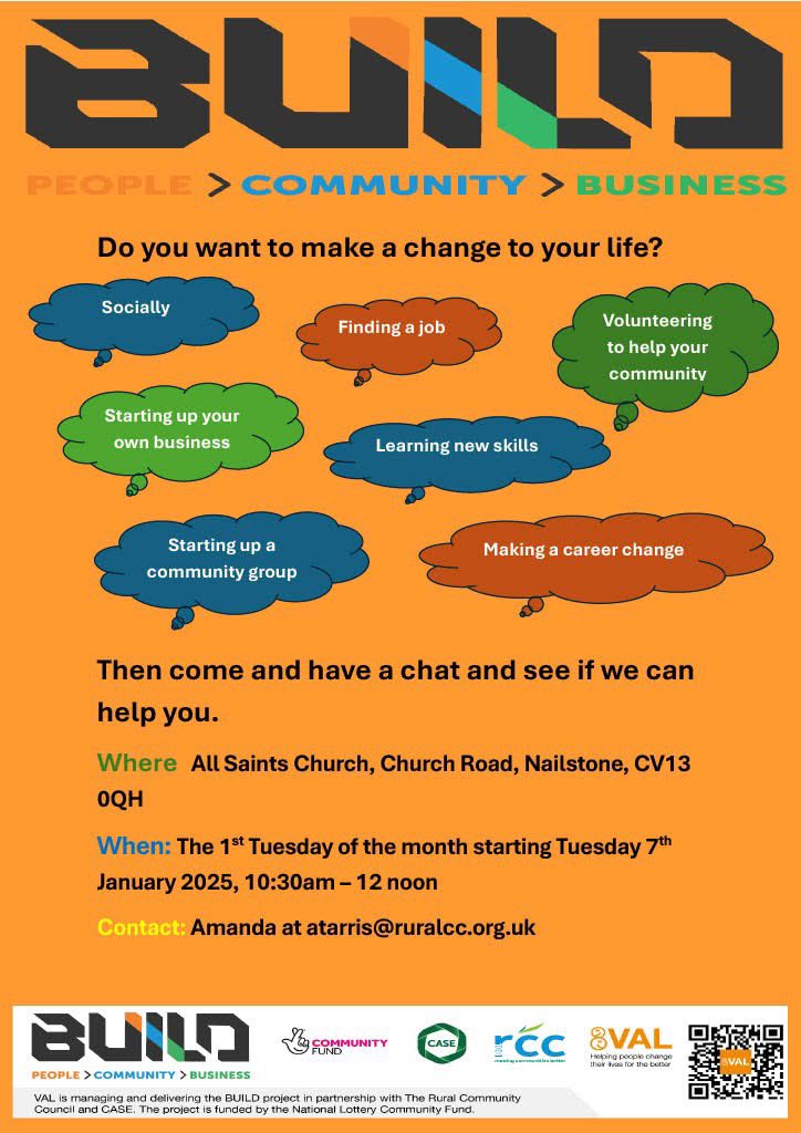 YourRCC's tweet image. BUILD monthly drop ins are coming to Nailstone, Ratby & Markfield in January. Come along and chat to the team about connecting with your community by volunteering, getting back in to work or creating a new business #BUILD #VAL #Nailstone #Ratby #Markfield