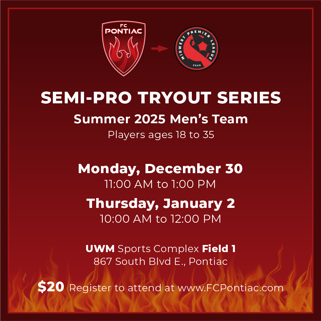 🔥 Do You Have What It Takes? 🔥
FC Pontiac Tryout Series 📅 Dec 30 &amp; Jan 2 📍 UWM Sports Complex , Pontiac💻 Register: fcpontiac.com 
🔥 Represent Pontiac with pride. #FireUp Join the Firebirds!
#FCPontiac #Firebirds #MWPL #PontiacPride <a href="/midwestpl/">Midwest Premier League</a>
