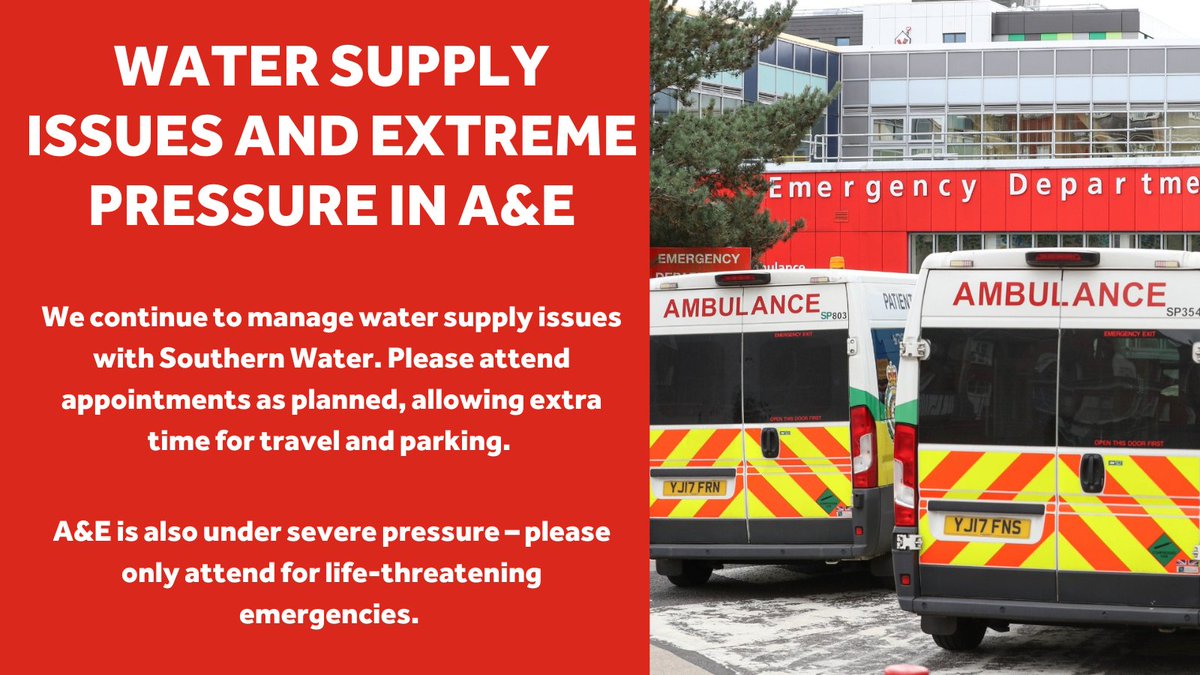 UHSFT's tweet photo. ⚠️ Our hospitals are affected by water supply issues in the area.

We’re working closely with @SouthernWater, receiving regular tanker deliveries to maintain supplies.

🔶 Attend appointments as planned.

🔶 Allow extra travel time due to deliveries affecting access.

(1/3) 🧵 https://t.co/k0G8jUy2VX