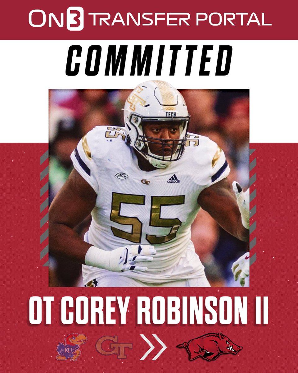On3 (@on3sports) on Twitter photo BREAKING: Georgia Tech transfer OT Corey Robinson has signed with Arkansas, <a href="/PeteNakos_/">Pete Nakos</a> reports🐗
Robinson is the No. 2 offensive tackle in the On3 Transfer Portal.
on3.com/transfer-porta… BREAKING: Georgia Tech transfer OT Corey Robinson has signed with Arkansas, <a href="/PeteNakos_/">Pete Nakos</a> reports🐗
Robinson is the No. 2 offensive tackle in the On3 Transfer Portal.
on3.com/transfer-porta…