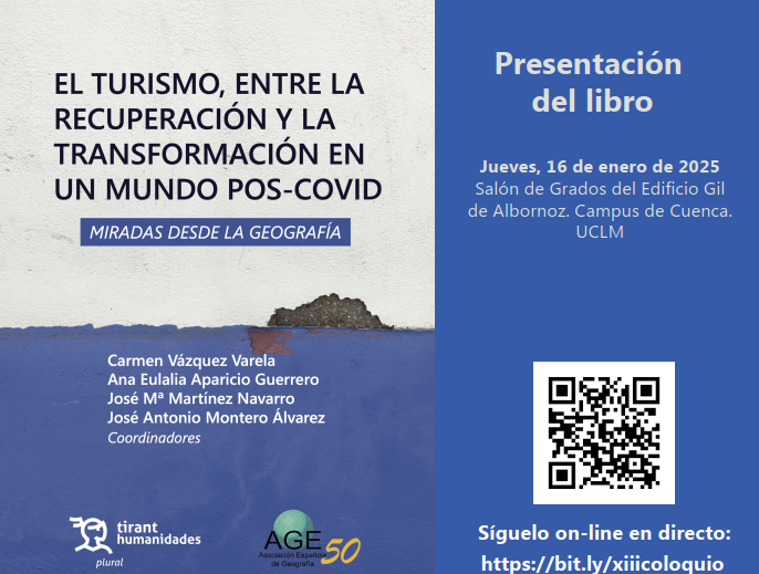 El 16 de enero presentaremos el libro de actas 📖del XVIII Coloquio de Turismo (Cuenca, 2022). Evento presencial en Cuenca junto <a href="/GeografiaUCLM/">Geografía UCLM</a> con la intervención de los coordinador@s, <a href="/JosepIvars/">Josep Ivars</a> <a href="/carmen_hidalgo/">carmen hidalgo</a> D.Barrado y <a href="/SimancasMoises/">Moises Simancas</a>. Se podrá seguir online💻
<a href="/AGE_Oficial/">Asociación Española de Geografía</a>