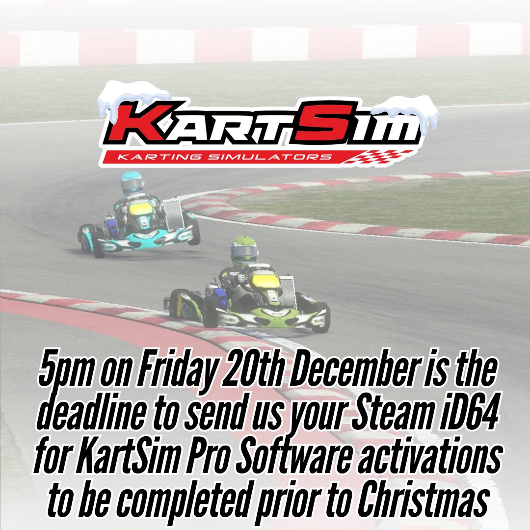 KartSimLtd's tweet photo. Are you wanting to race on the KartSim Simulation Software over the Christmas period?🏁

If you have purchased any of our Pro Simulation Software packages, 5pm tomorrow is the deadline to send us your Steam iD64 number to have it authenticated for download prior to Christmas Day! https://t.co/jptV7VohBC