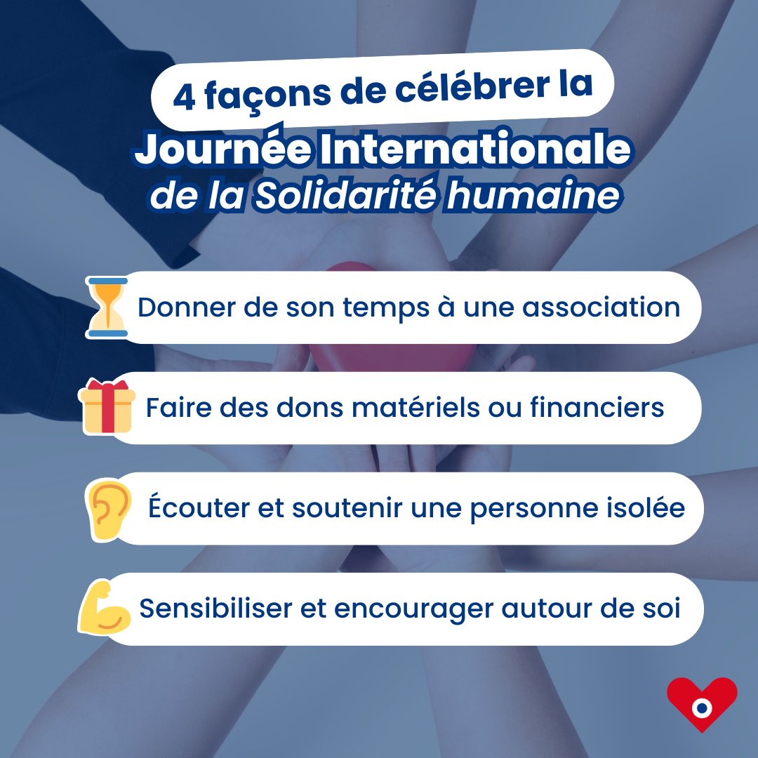 GivingTuesdayFr's tweet image. 🎉 Aujourd'hui, célébrons la Journée internationale de la solidarité humaine !
Et si chacun réalisait un geste généreux à cette occasion ? Voici 4 idées simples pour semer la solidarité ⬇️
#GivingTuesdayFr #JournéeDeLaSolidarité #generosite #donnerpouraider #solidarite