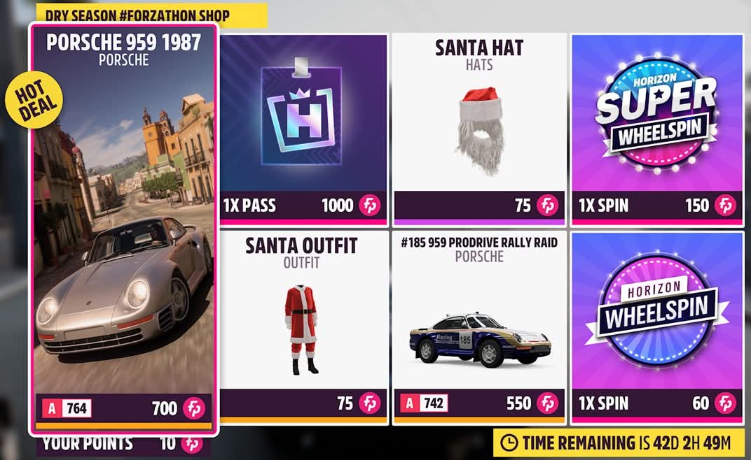 ForzaHorizon5UK's tweet photo. #ForzathonShop
Series 41 - Dry Season v3
'87 Porsche 959- 700fp
Porsche #185 959 ProDrive RR - 550fp
Backstage Pass - 1,000fp
Santa Outfit (Outfit)
Santa Hat (Hats)
#H5FB #Forza #Horizon #FH5 #DrySeason #Series41 #HolidayMixup https://t.co/luCSV8YQZu