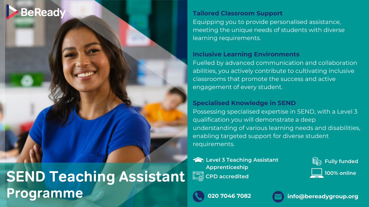 📚Perfect for teaching assistants in mainstream or specialist schools seeking a fully funded recognised qualification. 
Develop essential skills to support diverse student needs and gain confidence to support ALL children. 

Info here: bit.ly/SEND_TA_form

#education #SEND