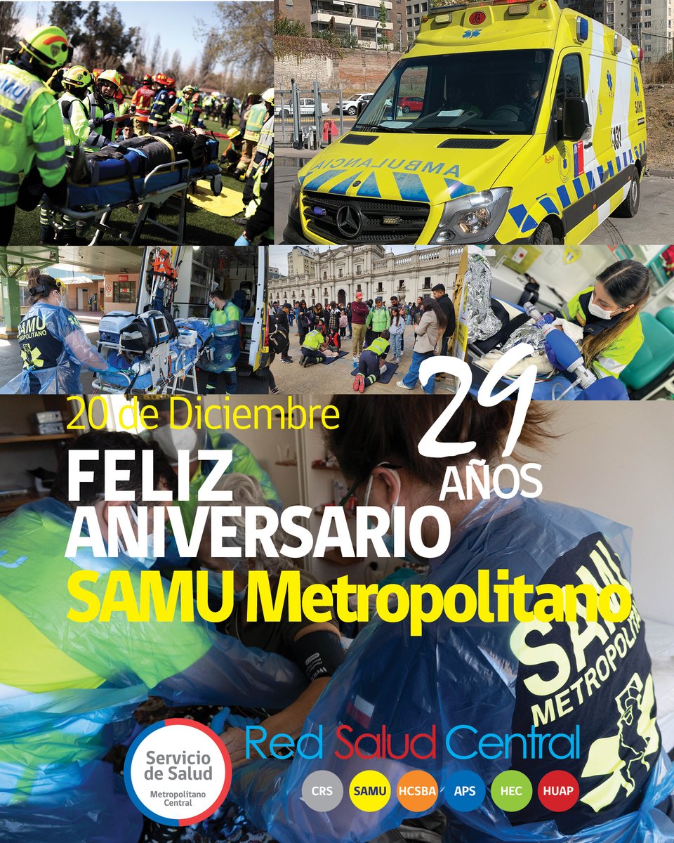Servicio de Salud Metropolitano Central (@serv_saludmc) on Twitter photo <a href="/Samumetropolita/">SAMU Metropolitano</a> cumple 29 años. Desde 1995,su equipo trabaja entregando atención pre hospitalaria oportuna; desde el área administrativa,de intervención y el Centro Regulador, al rescate de personas en emergencias y desastres,siempre buscando salvar vidas🙌
¡Feliz Aniversario!❤️ <a href="/Samumetropolita/">SAMU Metropolitano</a> cumple 29 años. Desde 1995,su equipo trabaja entregando atención pre hospitalaria oportuna; desde el área administrativa,de intervención y el Centro Regulador, al rescate de personas en emergencias y desastres,siempre buscando salvar vidas🙌
¡Feliz Aniversario!❤️