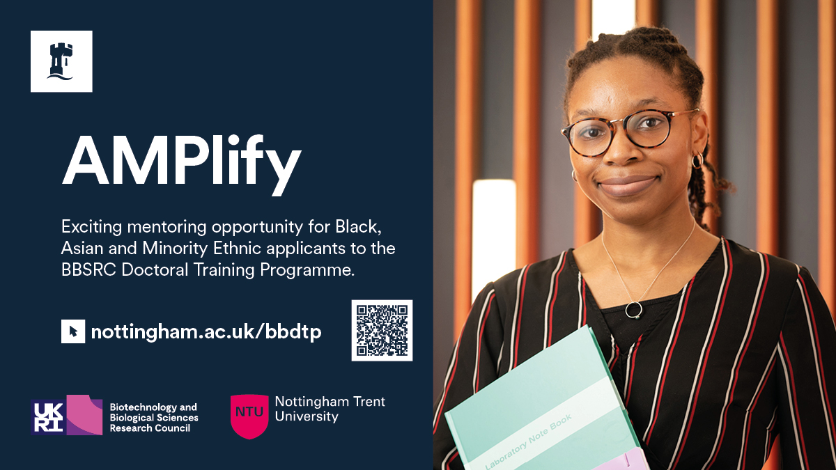 nottm_bbsrc_dtp's tweet image. Our AMPlify mentoring programme is open for 2025 entry. The criteria includes Black, Black Mixed, Asian and Minority Ethnic students with home fees status. Get support with the application process from a specialist mentor. nottingham.ac.uk/bbdtp/equality…
