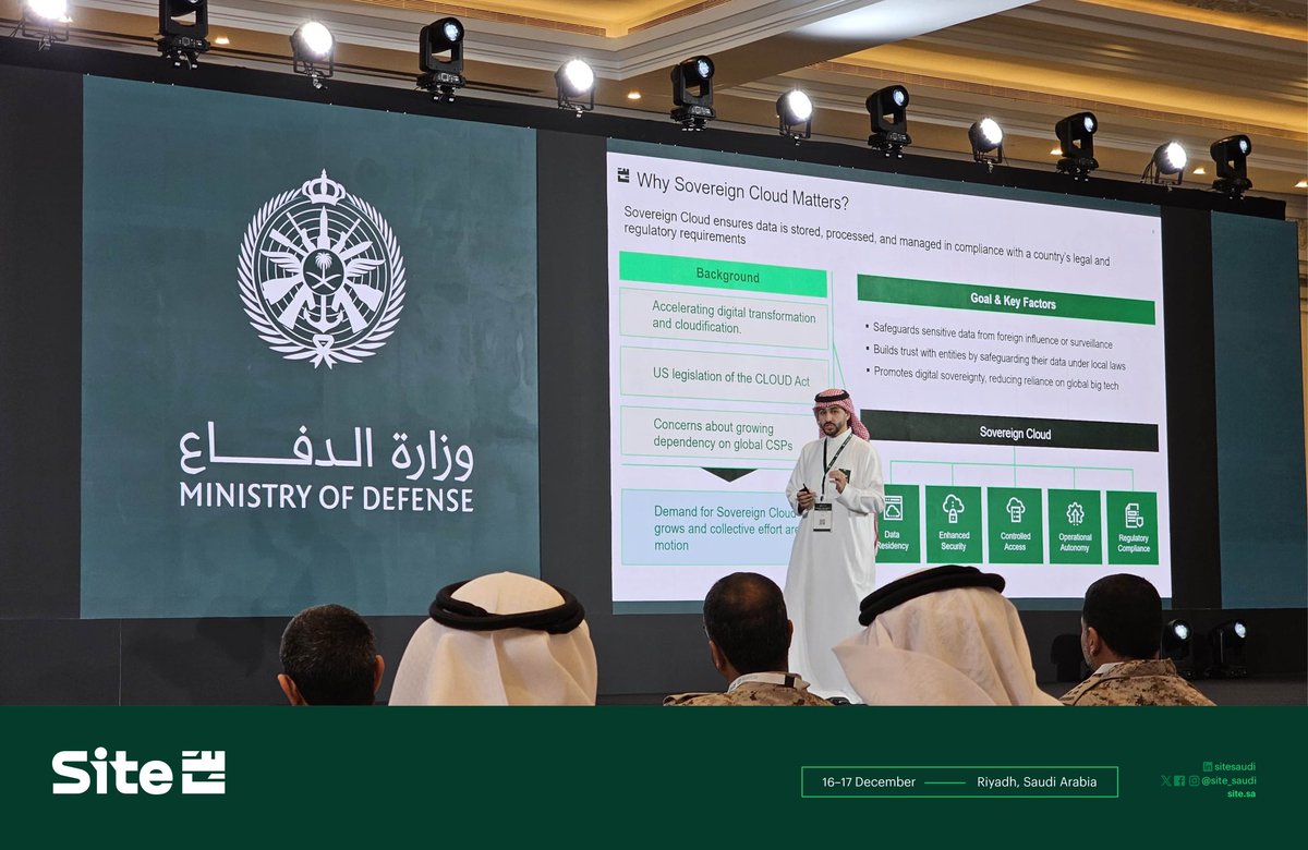 site_saudi's tweet photo. استعرضنا في الملتقى الثاني لقادة تقنية المعلومات بوزارة الدفاع مزايا سحابتنا السيادية الرائدة، وأهميتها للقطاعات ذات الأنظمة والبيانات الحساسة، كما تم مناقشة دورها في تعزيز الامتثال وحماية البيانات، ومساهمتها في دعم نمو الأعمال ومواجهة التحديات الأمنية والتقنية المتجددة. 

#سايت
#سحابتنا_سعودية