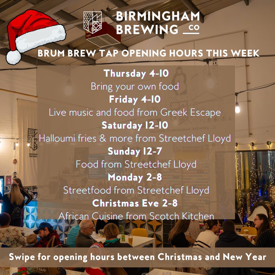 Christmas Week at Brum Brew Tap 🎅

We are open EVERY DAY until Christmas Day with streetfood, beer, mulled wine and cider,softs, spirits, and did we say beer? 

Beer line up is 🔥🔥🔥