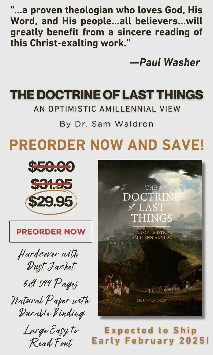 Allen S. Nelson IV (@cuatronelson) on Twitter photo TODAY is the day! Dr. Sam Waldron's new book on eschatology is on preorder now with <a href="/freegracepress/">Free Grace Press</a>. Very grateful for this! The Doctrine of Last Things: An Optimistic Amillennial View
Click here for more info: us17.campaign-archive.com/?e=__test_emai…
<a href="/CBTSeminary/">Covenant Baptist Theological Seminary</a> TODAY is the day! Dr. Sam Waldron's new book on eschatology is on preorder now with <a href="/freegracepress/">Free Grace Press</a>. Very grateful for this! The Doctrine of Last Things: An Optimistic Amillennial View
Click here for more info: us17.campaign-archive.com/?e=__test_emai…
<a href="/CBTSeminary/">Covenant Baptist Theological Seminary</a>